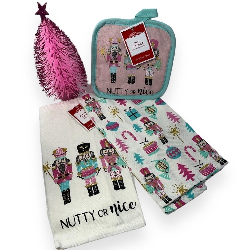 Christmas Nutcracker Kitchen Towels Pot Holder Bundle Lot of 3 Pink Turquoise